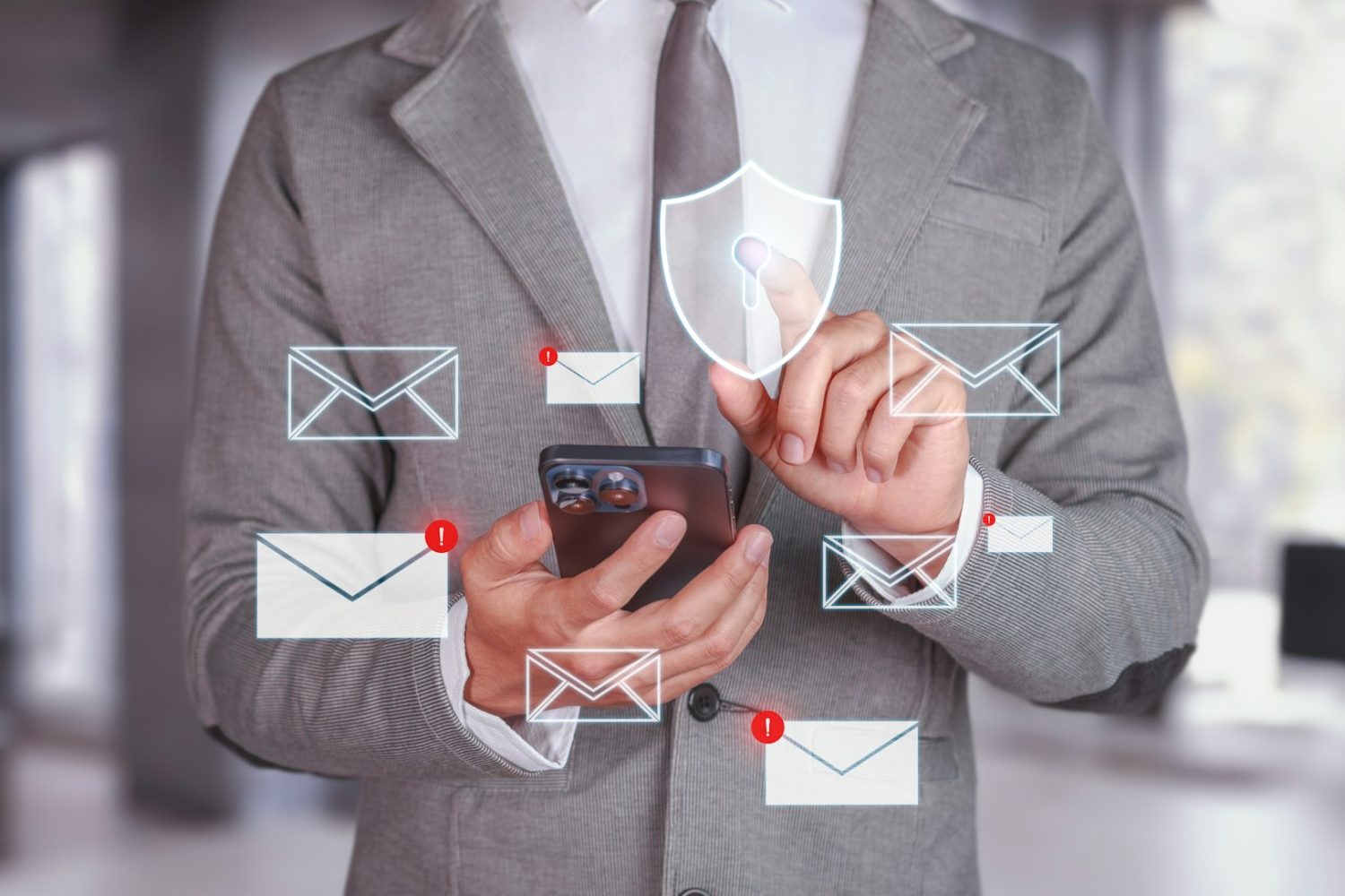 Cybersecurity and Email Protection. Businessman using smartphone with email notifications.